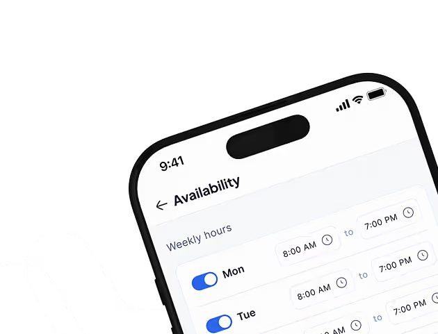 Smartphone screen showing an Availability schedule with weekdays and toggle switches for hours from 8 AM to 7 PM.